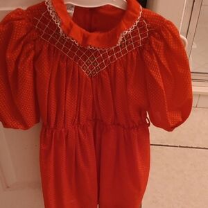 Red Girls' Casual Dress with Smocked Yoke
